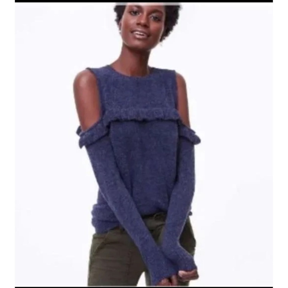 LOFT Cold Shoulder Sweater Ruffle Navy Blue Knit Size Medium